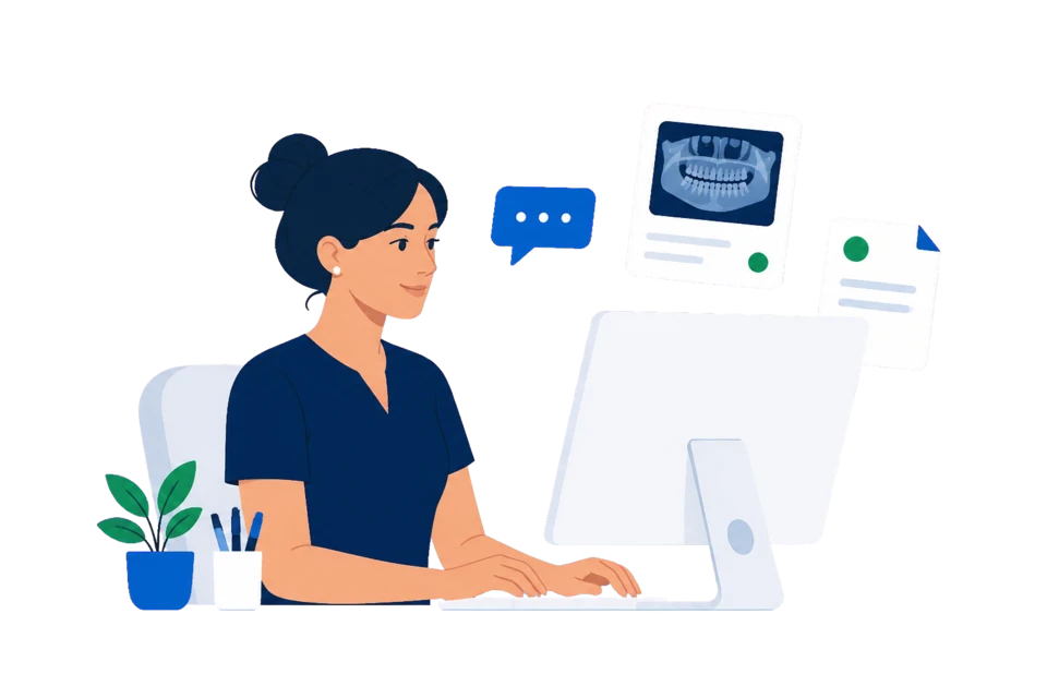 Recepcionista diante de uma tela com conversa, exame e documento organizados.